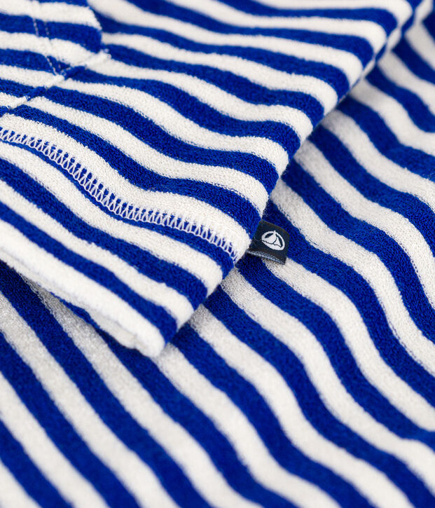 Felpa beb&egrave; a righe con cappuccio in spugna bouclette blu/ecru