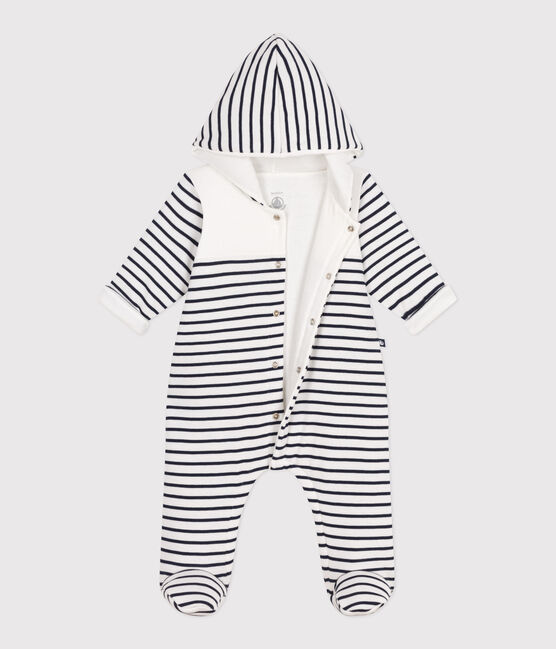 Tutina imbottita con cappuccio e piedini a righe neonato bianco MARSHMALLOW/blu SMOKING