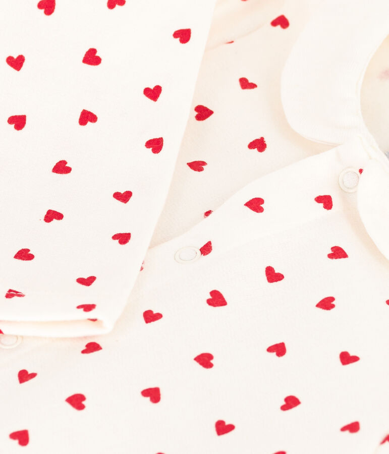 Tutina lunga in tessuto felpato con stampa a cuoricini per beb&egrave; bianco MARSHMALLOW/rosso TERKUIT