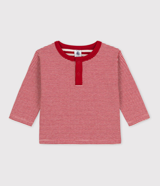 T-shirt maniche lunghe beb&egrave; millerighe in tubique rosso/beige