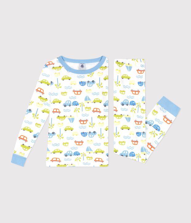 Pigiama molto aderente in cotone con automobili stampate bambino bianco/multicolore