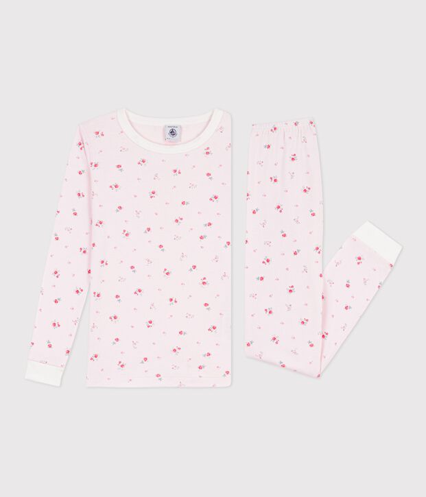 Pigiama bambina molto aderente in cotone con stampa a fiori rosa/multicolore