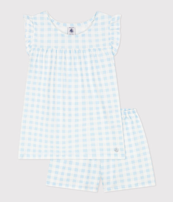 Pigiama corto bambina in cotone sottile fantasia vichy blu MARSHMALLOW/bianco GOMME