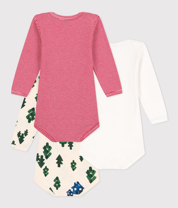 Confezione da 3 body a maniche lunghe beb&egrave; in cotone motivo abeti multicolore