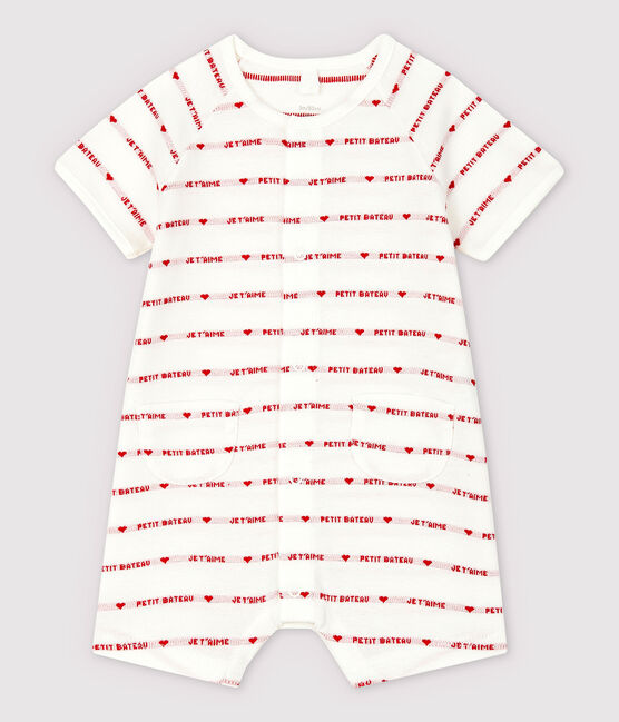 Tuta corta "Petit Bateau Je t'aime" in jacquard di cotone biologico bianco MARSHMALLOW/rosso PEPS