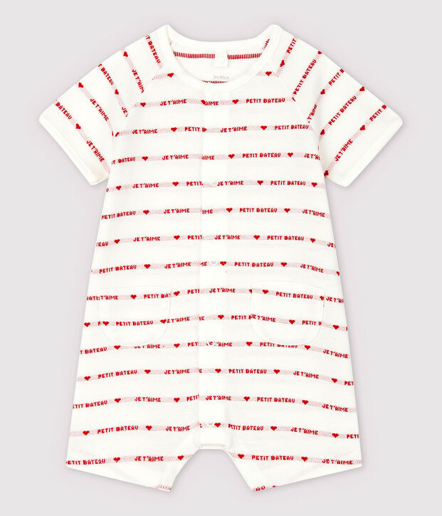 Tuta corta Petit Bateau Je t'aime in jacquard di cotone biologico bianco/rosso