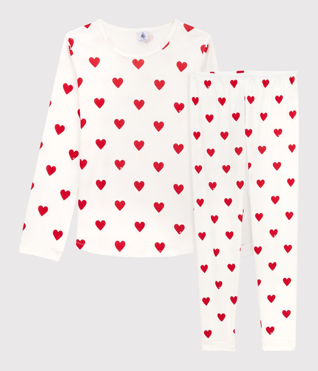 Pigiama bambina fantasia cuori a costine bianco/rosso