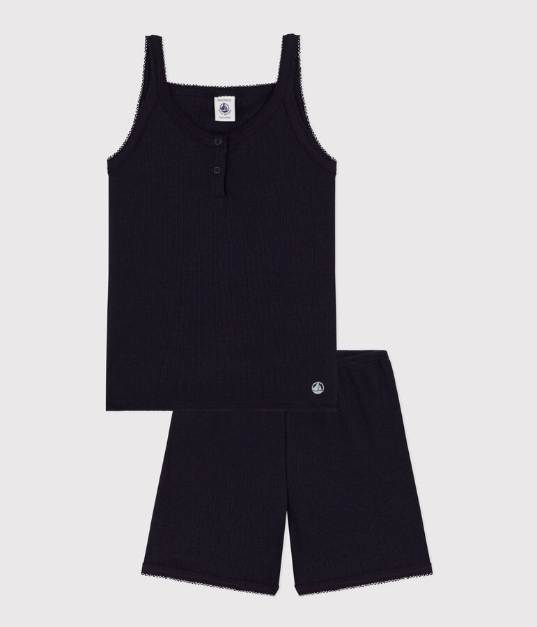 Pigiama corto bambina con bretelle in cotone e Lyocell blu