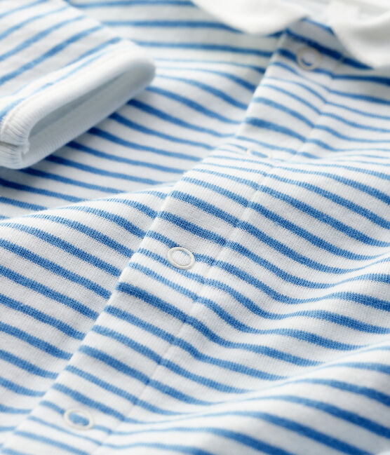 Tutina pigiama bebè con collo a righe blu in cotone biologico bianco MARSHMALLOW/blu ALASKA