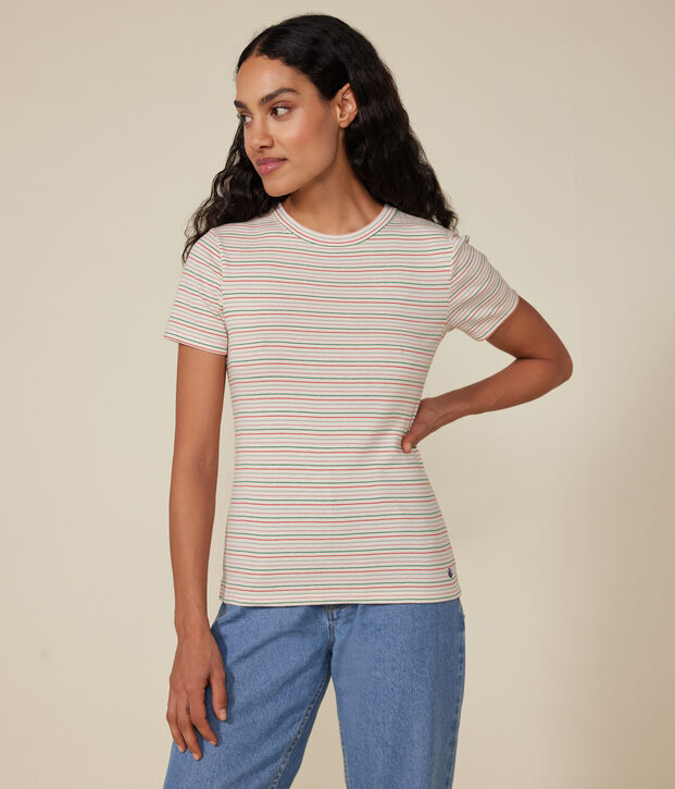 T-shirt donna L'Iconique a maniche corte in costa rigata ecru/multicolore