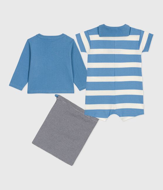 Set due pezzi in cotone con cardigan tinta unita e tutina corta neonato blu ALASKA/bianco MULTICO