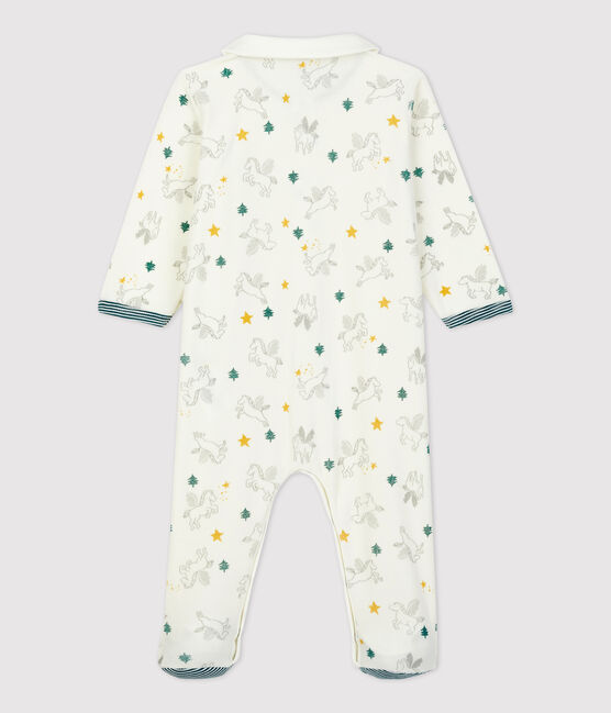 Tutina pigiama bebè stampa cavalli in ciniglia di cotone biologico bianco MARSHMALLOW/bianco MULTICO