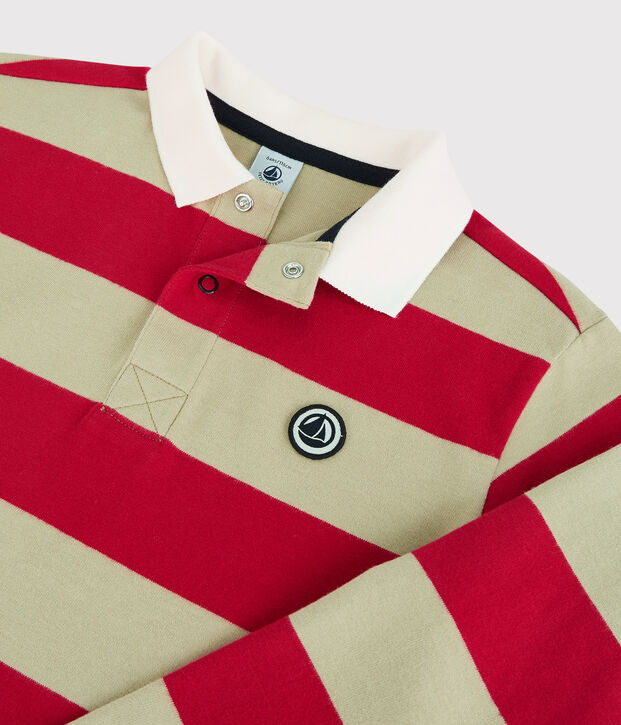 Polo bambino a maniche lunghe a righe in cotone rosso/beige