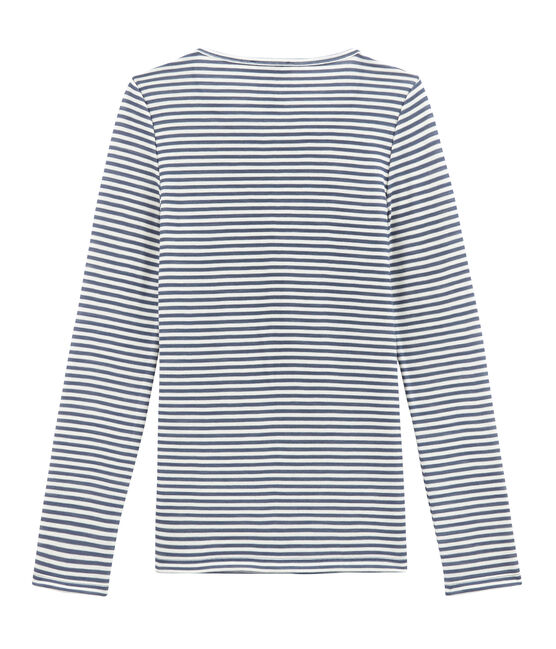 tee-shirt donna maniche lunghe in lana e cotone blu TURQUIN/bianco MARSHMALLOW