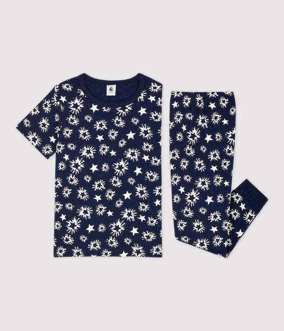 Pigiama bambino fantasia a stelle a costine blu SMOKING/bianco MARSHMALLOW