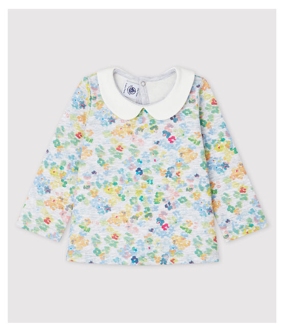 Blusa con colletto a manica lunga in jersey bebè femmina grigio POUSSIERE/bianco MULTICO