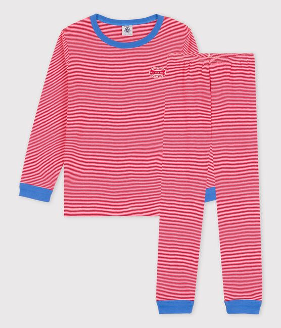 Pigiama bambina/bambino rigato millerighe in cotone biologico rosso PEPS/bianco MARSHMALLOW