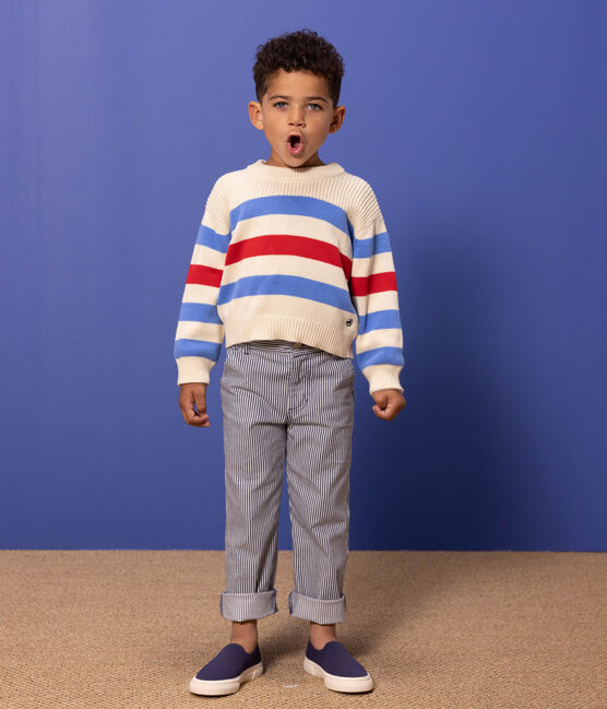Pantalone bambino in tela di cotone a righe blu MEDIEVAL/bianco MARSHMALLOW