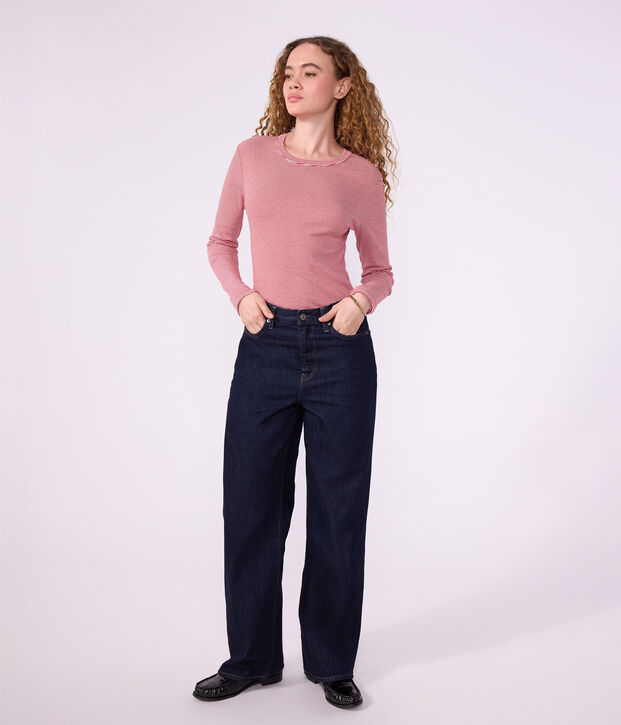 T-shirt a maniche lunghe in cotone a righe donna rosso/bianco