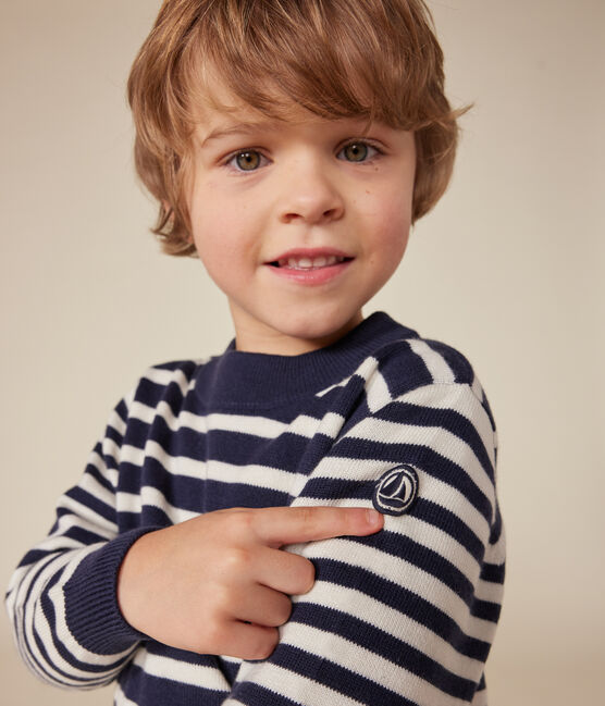 Pullover rigato in lana e cotone bambino blu SMOKING/bianco MARSHMALLOW