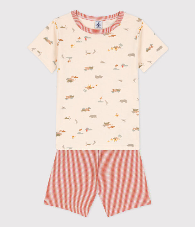 Pigiama corto bambino unisex in cotone con animali ecru/multicolore