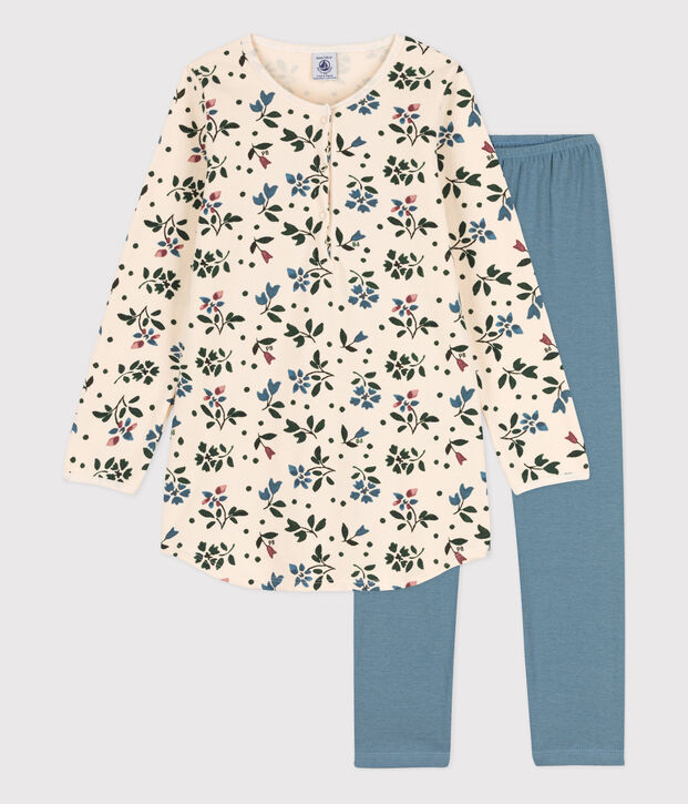Camicia da notte e leggings bambina in tessuto felpato con motivo fiore ecru/multicolore