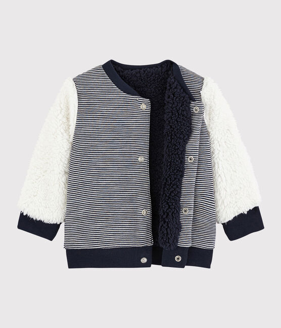 Cardigan reversibile bebè maschio blu SMOKING/bianco MARSHMALLOW