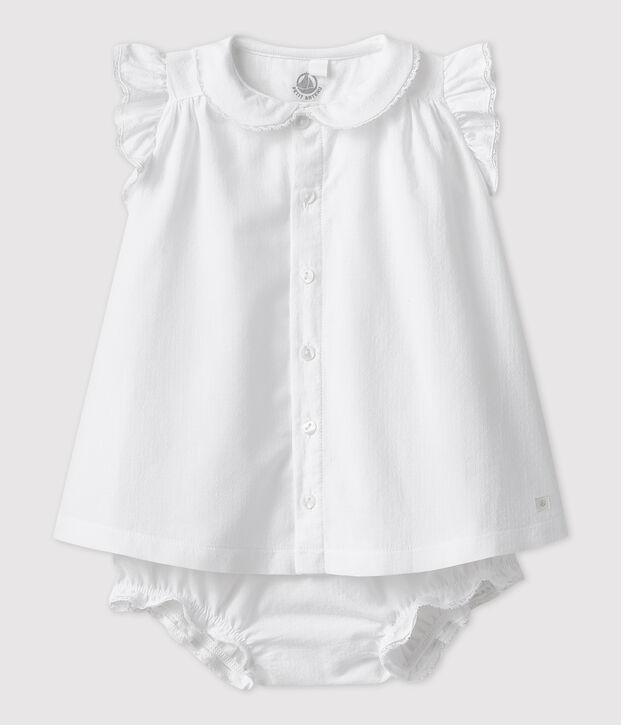 Abito bianco manica corta con bloomer beb&egrave; femmina in popeline di cotone biologico bianco
