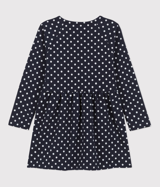 Abito a pois a maniche lunghe in tessuto felpato bambina blu/ecru