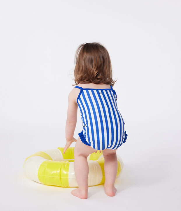 Costume da bagno intero a volant con stampa a righe neonato blu/bianco