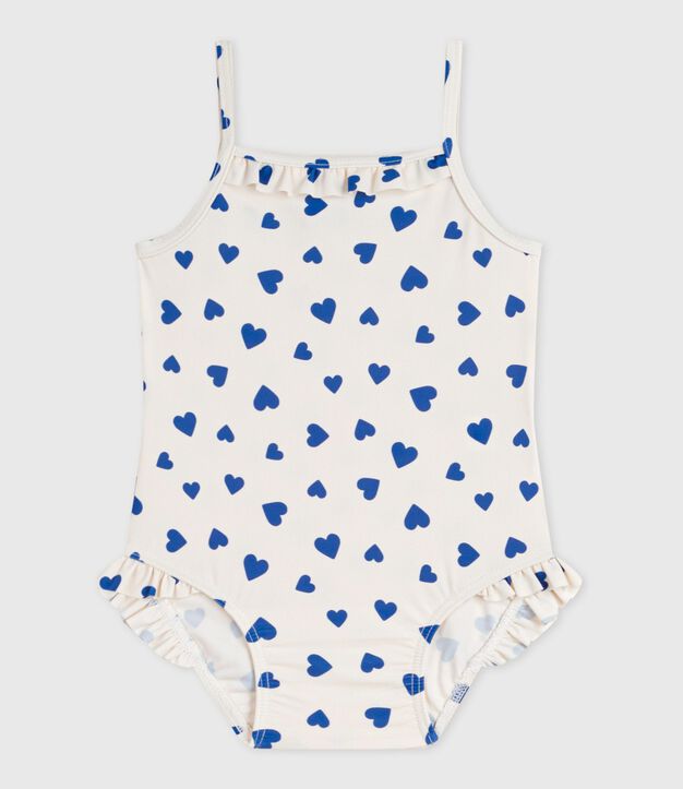 Costume da bagno intero con stampa a cuori e volant neonata bianco/blu