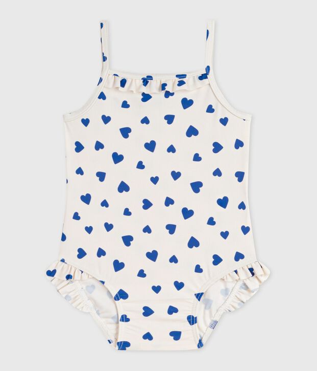 Costume da bagno intero con stampa a cuori e volant neonata bianco/blu