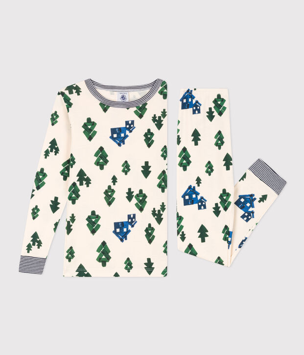 Pigiama bambino unisex in cotone aderente ecru/blu/multicolore