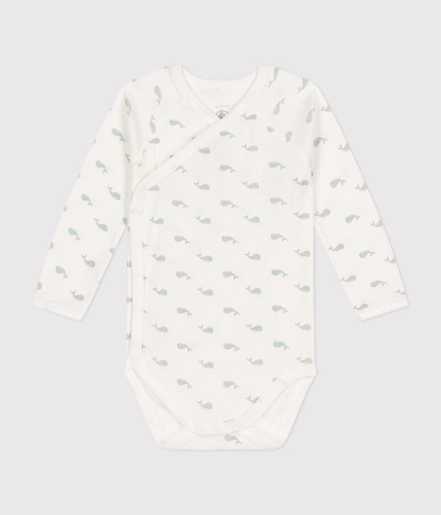 Body incrociato a maniche lunghe in cotone neonato bianco/verde