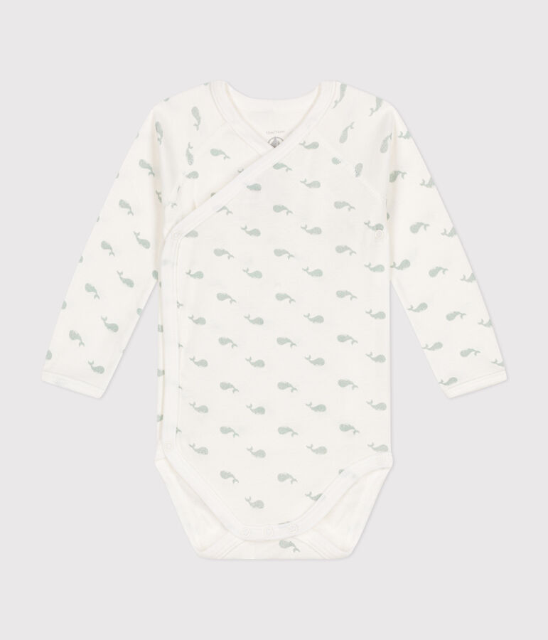 Body incrociato a maniche lunghe in cotone neonato bianco/verde