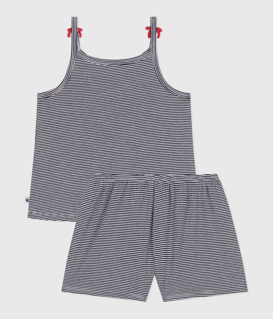 Pigiama corto in cotone a righe con spalline bambina blu SMOKING/bianco MARSHMALLOW