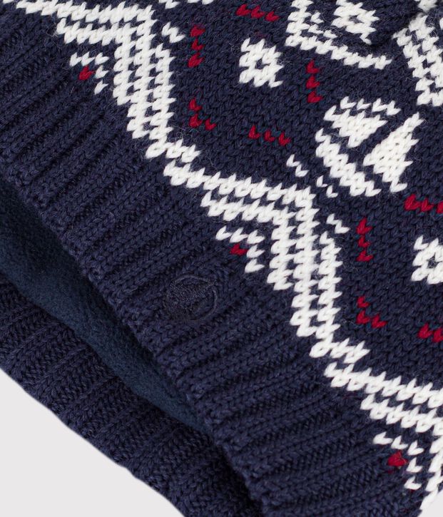 Cuffietta in misto lana e cotone jacquard con fodera in pile neonato blu/ecru/rosso