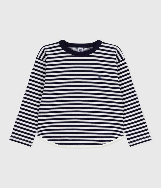 T-shirt a maniche lunghe in cotone a righe bambino blu SOIR/ MILK