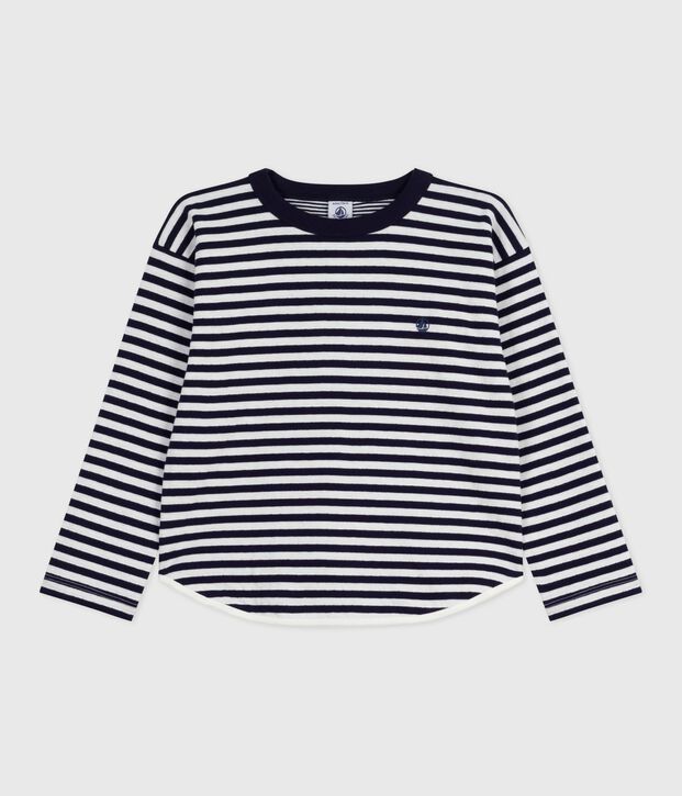 T-shirt a maniche lunghe in cotone a righe bambino blu/ecru