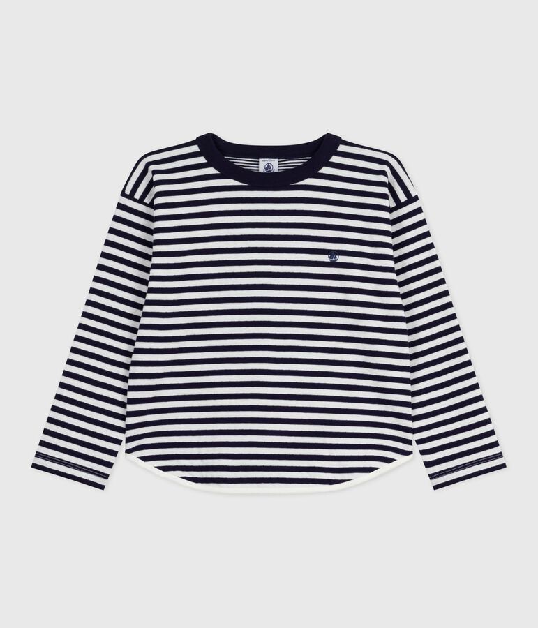 T-shirt a maniche lunghe in cotone a righe bambino blu SOIR/ MILK