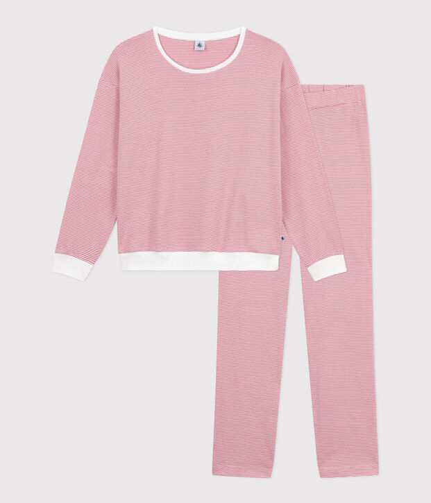 Pigiama in cotone a righe donna rosa/bianco
