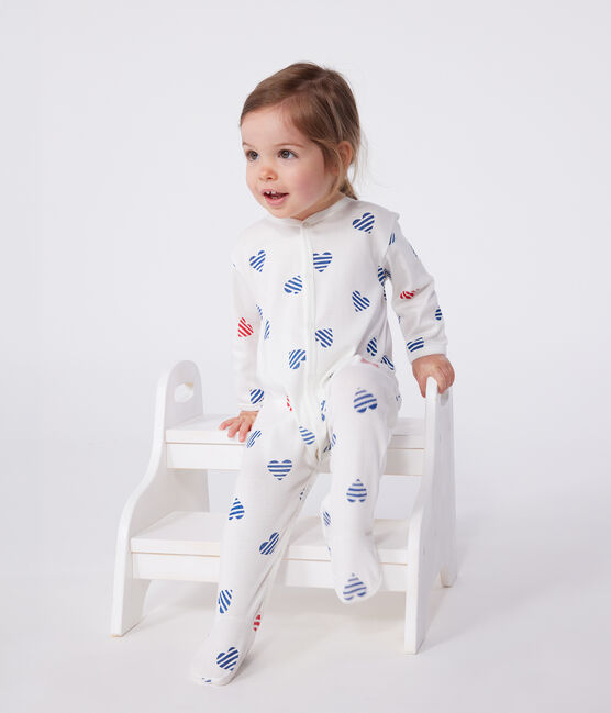 Pigiama in cotone a righe con cuori neonato bianco MARSHMALLOW/bianco MULTICO