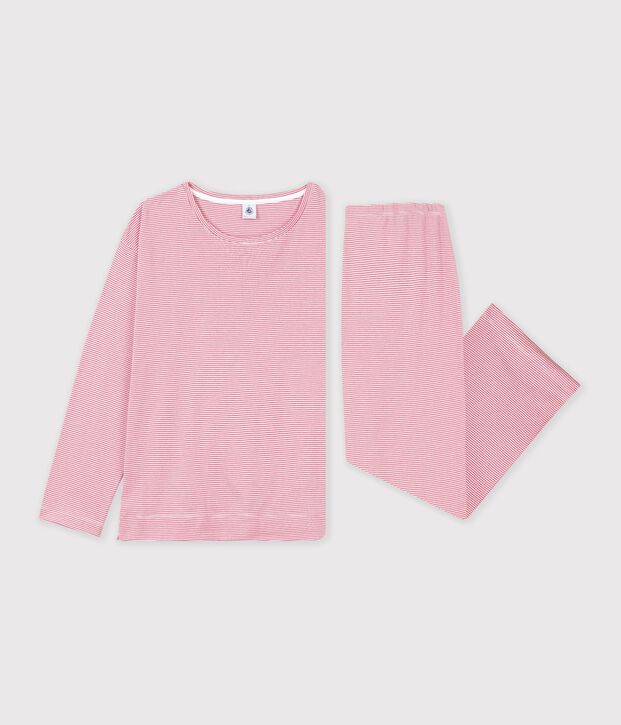 Pigiama con gamba dritta in cotone a righe donna rosa/bianco