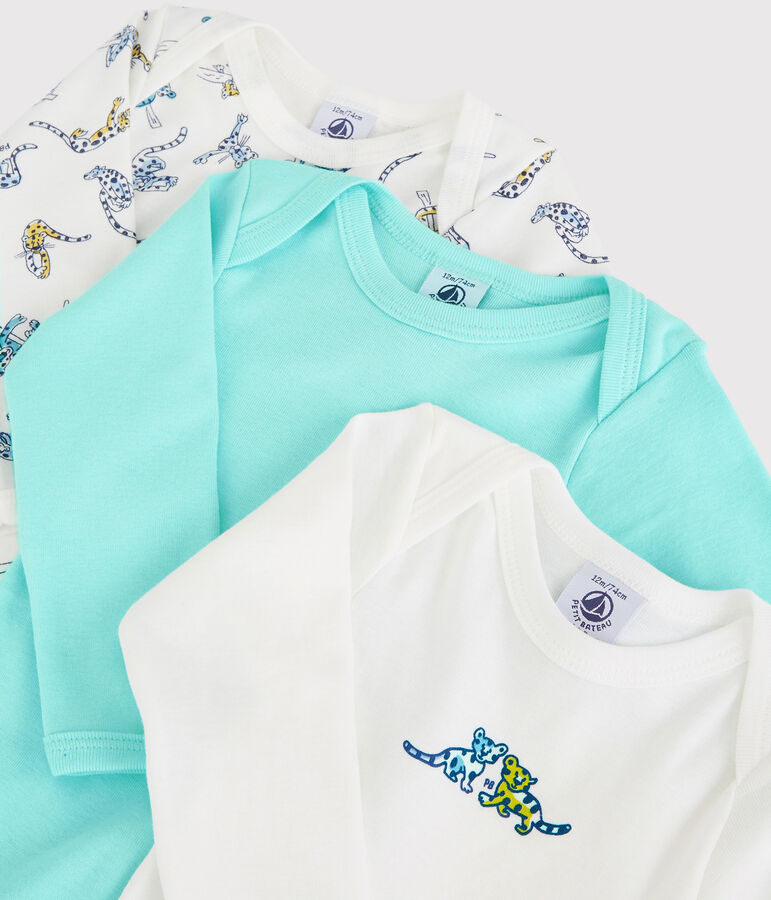 Confezione da 3 body bianchi a maniche lunghe fantasia pantere beb&egrave; in cotone biologico multicolore