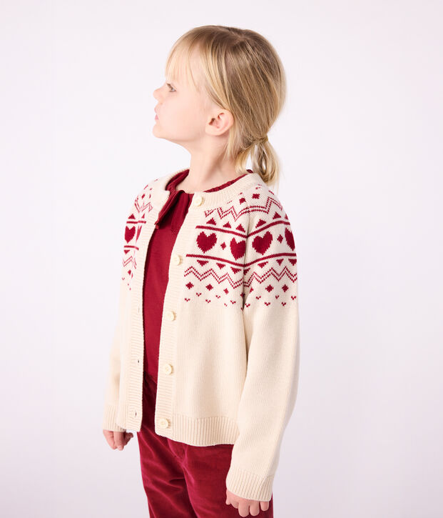 Cardigan in misto lana e cotone con motivo jacquard bambina ecru/rosso