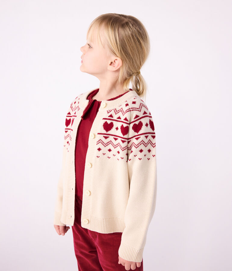 Cardigan in misto lana e cotone con motivo jacquard bambina ecru/rosso