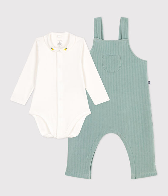 Completo nascita composto da salopette e body in cotone ricamato verde PAUL