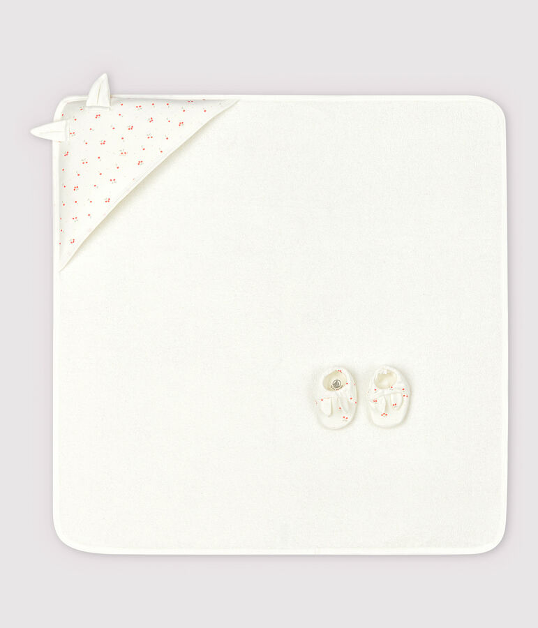 Cofanetto telo da bagno quadrato e babbucce neonato in spugna e cotone biologico bianco/multicolore