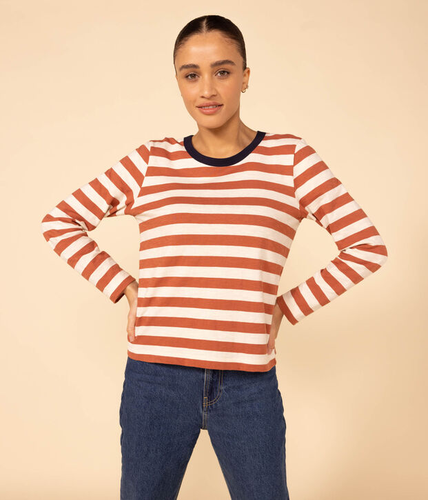 T-shirt LE DROIT girocollo in cotone Donna marrone/ecru