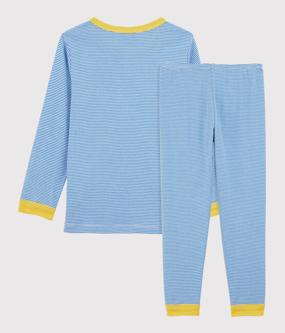 Pigiama bambina/bambino rigato millerighe in cotone biologico blu BRASIER/grigio MARSHMALLOW